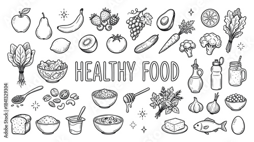 Hand-drawn healthy food doodle icon set with fruits, vegetables, fish, and grains in a black and white line art sketch style for nutrition and wellness concepts