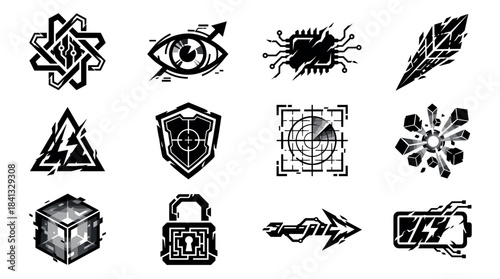 Set of twelve black futuristic icons representing technology, cybersecurity, and gaming concepts like a shield, eye, microchip, padlock, radar, and energy symbols for a user interface