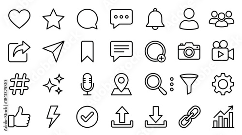Collection of social media interface icons in a simple black line art style, including symbols for like, comment, share, notification, and user profile for web design