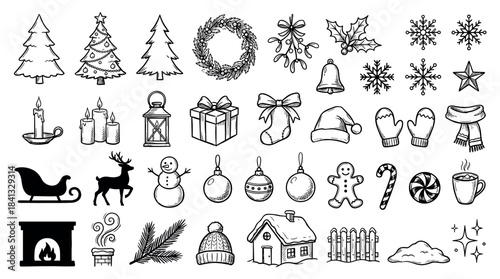 Large set of hand-drawn Christmas icons in a black and white doodle style showing various holiday symbols like trees, gifts, and snowflakes for festive winter designs