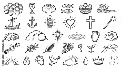 Set of hand-drawn Christian religious symbols and biblical icons in a black and white doodle style, featuring a cross, fish, bread, dove, anchor, and empty tomb