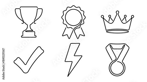 Set of six minimalist one-line icons including a trophy, medal, crown, and checkmark representing victory, success, and achievement in a simple black outline drawing style