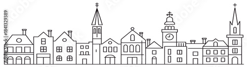 european town skyline with diverse architecture and steeple