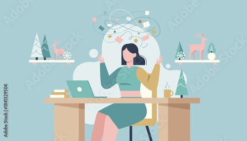 Remote worker managing stress and multitasking complex ideas in a modern winter workspace illustration
