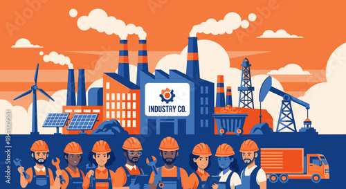 Industrial workers stand before a factory oil rig and renewable energy sources like solar and wind power