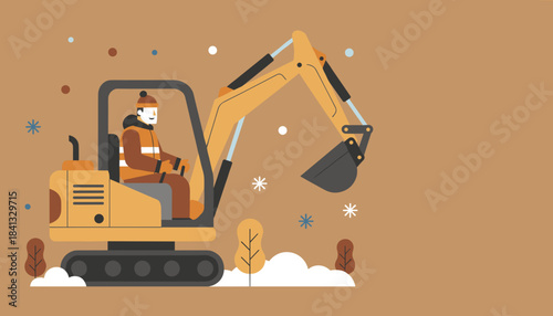Construction worker operating a miniexcavator in winter Heavy machinery job illustration