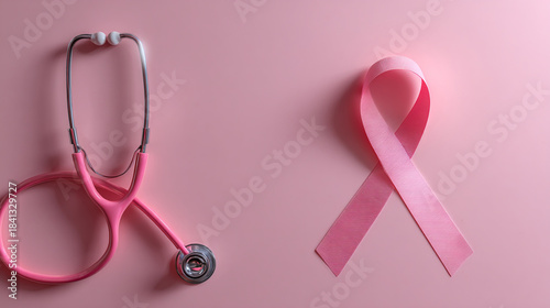 Awareness for breast cancer with pink ribbon and stethoscope on pink background