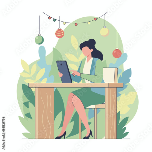 Digital nomad works on a tablet outdoors surrounded by foliage and festive decorations