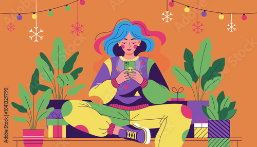 Woman focused on phone in colorful setting with plants and festive seasonal decor