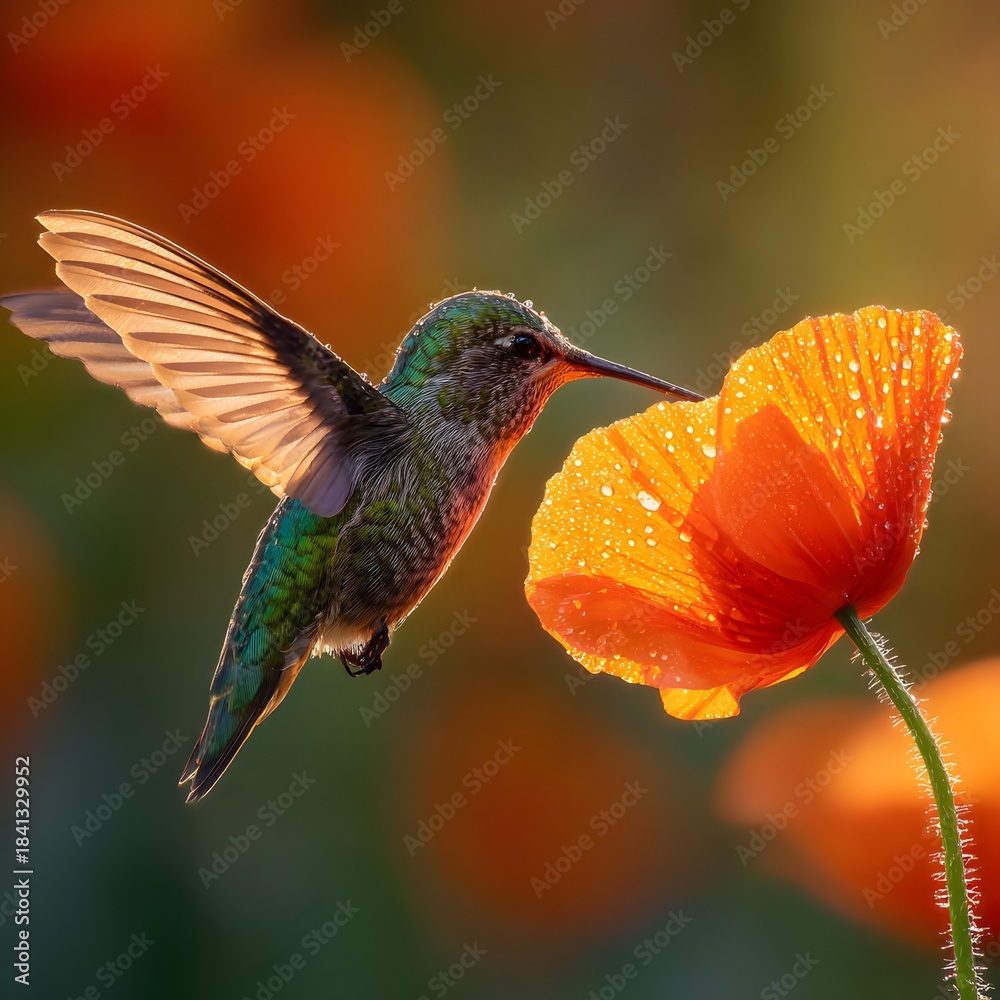 Fototapeta premium Vibrant Hummingbird Feeding from Orange Poppy Flower in Flight Wildlife Macro Photography