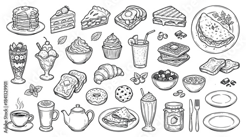 Large collection of hand-drawn breakfast and dessert food illustrations in a detailed black and white sketch style, featuring pancakes, waffles, coffee, and pastries