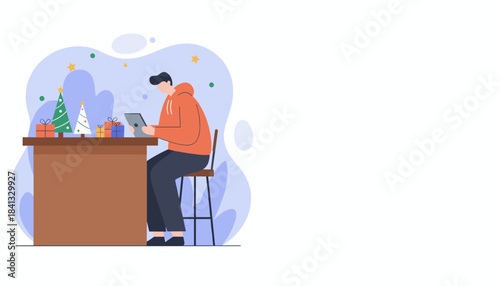 Young person uses tablet for holiday shoppingplanning near Christmas trees and gift boxes