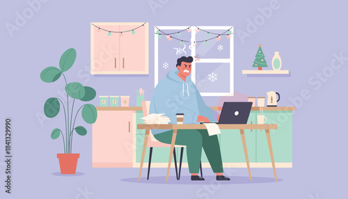 Remote work frustration Angry man struggling with laptop in a festive home setting