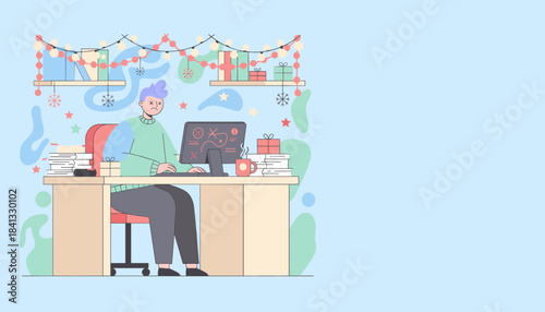 Stressed worker dealing with holiday burnout and too many deadlines in a festive office
