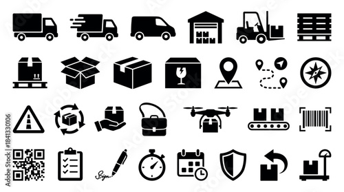 Large set of black glyph icons for logistics, shipping, and delivery services, including truck, drone, warehouse, and package symbols for e-commerce and transportation concepts