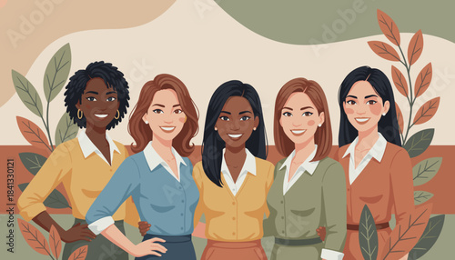 Diverse professional women smiling Teamwork solidarity and female empowerment illustration