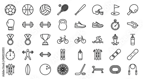 Sport and fitness thin line icon set featuring various athletic activities and equipment like balls, weights, and a trophy in a simple black and white minimalist graphic style