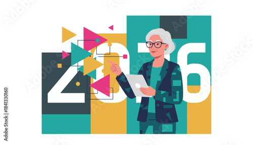 Senior professional holding tablet and pointing to 2026 business goals