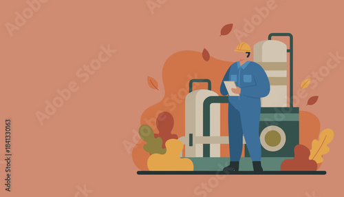 Industrial technician inspecting machinery Flat vector illustration of maintenance safety and engineering work