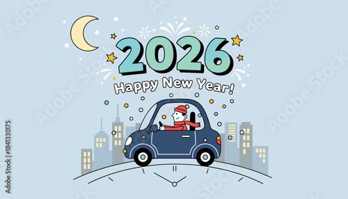 Cartoon New Year 2026 Driver celebrates midnight crossing on a clock face above the city