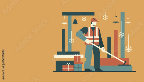Essential worker in hard hat with gifts and snowflakes mixing labor and holiday season illustration