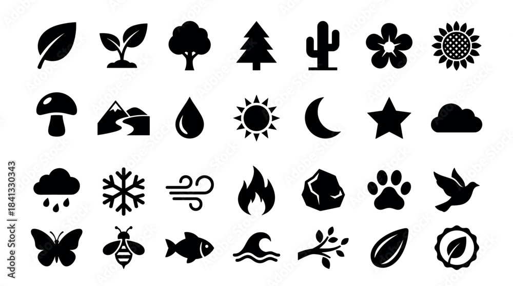 Fototapeta premium Large set of black nature icons representing plants, animals, weather, and the four elements in a simple, flat, minimalist vector style for graphic design