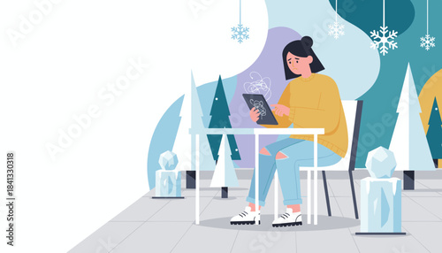 Woman experiencing tech confusion and stress while using a tablet in a stylized winter setting