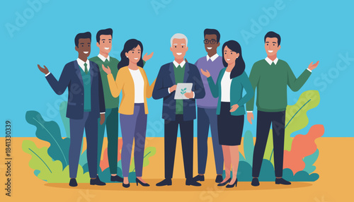 Diverse professional team stands welcomingly representing teamwork leadership and sustainable business goals