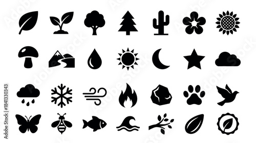 Large set of black nature icons representing plants, animals, weather, and the four elements in a simple, flat, minimalist vector style for graphic design