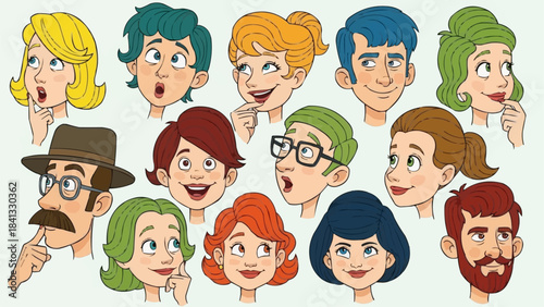 Diverse collection of cartoon character faces with various expressions.