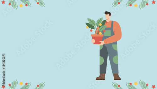 Man holding a holiday potted plant with ornaments Festive gardeninggift concept