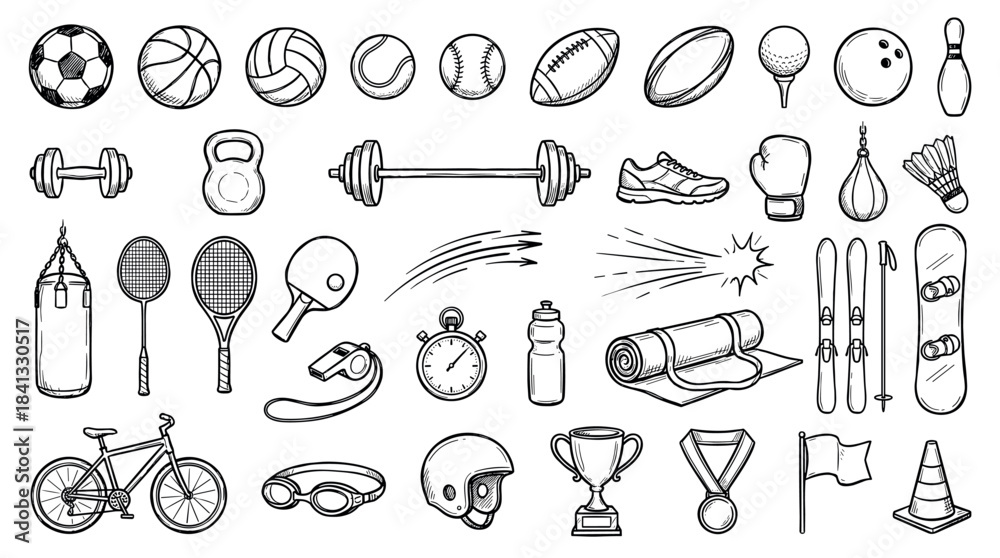 © David - Large collection of hand-drawn sports equipment and fitness icons in a black and white doodle style, including various balls, gym weights, rackets, and athletic accessories