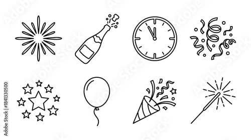 Black outline icons for a party celebration showing a firework, champagne bottle, midnight clock, confetti, stars, balloon, popper, and sparkler in a simple line art style