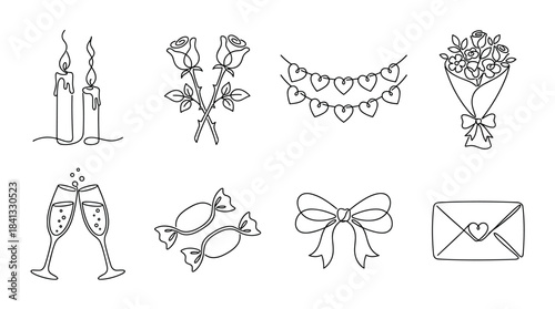 Collection of romantic continuous line art icons with candles, roses, heart garland, flower bouquet, champagne, candy, bow, and an envelope, drawn in a minimalist style