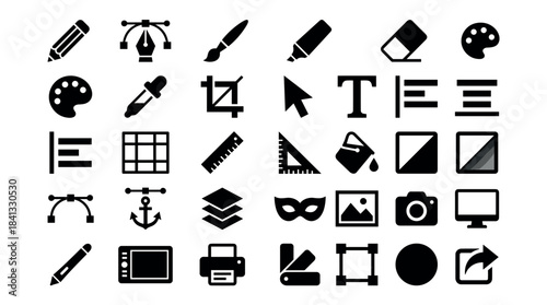Large set of black glyph icons for graphic design and digital art, featuring various tools for editing, drawing, typography, and image manipulation in a minimalist flat style