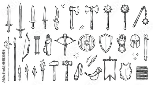 Hand-drawn set of medieval fantasy weapons and knight armor in a black outline doodle style, featuring swords, maces, shields, a crossbow, and other warrior equipment
