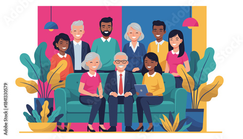 Diverse business team smiling on a sofa Multigenerational group collaboration and unity