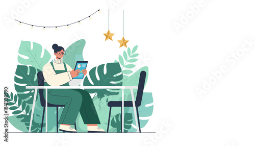 Casual woman analyzing business data on a tablet in a cozy plantfilled environment Remote work vector