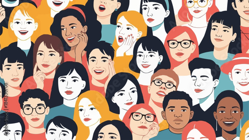 Diverse group of happy people smiling and looking in various directions.