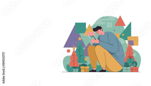 Sad man scrolling phone near Christmas decorations Concept of holiday loneliness and digital distraction