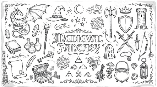 Large collection of medieval fantasy doodles featuring a dragon, wizard hat, knight's sword, castle tower, and magic elements in a hand-drawn sketch style illustration set