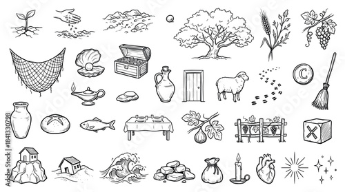 Large collection of hand-drawn biblical icons representing Christian parables and religious symbols in a black and white sketch style, including a sheep, fish, bread, and treasure