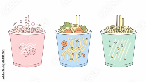 Three colorful cups of instant noodles with chopsticks ready to eat.