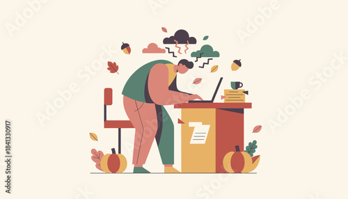 Burned out worker struggling with workload on a laptop during the autumn season Stressful deadline concept