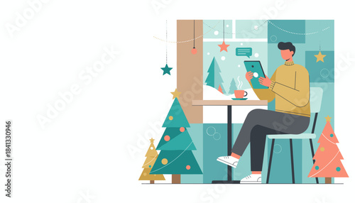 Man uses tablet in a cozy cafe decorated for winter holidays with hot drink and snow outside