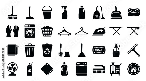 Large set of black glyph icons representing various household chores, cleaning supplies, and laundry equipment in a simple, flat vector style for domestic service concepts