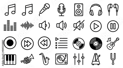 Large set of black music and audio icons including instruments, player controls, and sound equipment for user interface design, shown in a simple line art style