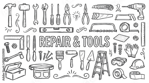 Large set of hand drawn repair tools and construction equipment in a black and white doodle style, featuring a hammer, drill, saw, wrench, and other hardware items