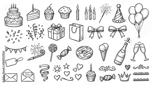 Large set of hand-drawn birthday celebration icons including a cake, gifts, balloons, and party decorations in a black and white sketch doodle style for festive designs