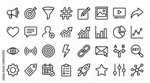 Collection of black line art icons for digital marketing, social media, and business analytics concepts, featuring symbols like charts, targets, funnels, and rockets